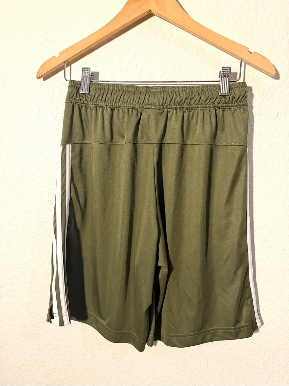 adidas Men’s Olive Athletic Shorts with 3 White Stripes NWOT